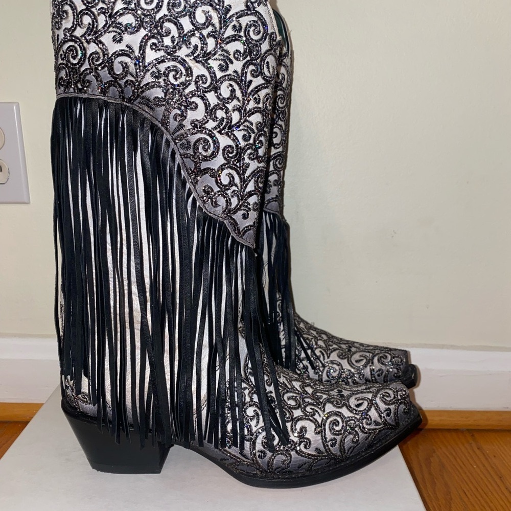 The Fancy Corral Boots White/Black Lamb Overlay with Fringe C3877 Women's Size 8